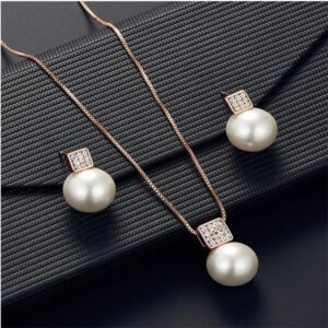 Elegant Pearl Necklace & Earrings Set with Zircon Accents