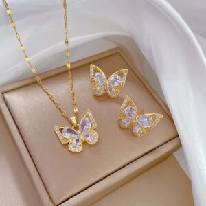 Luxurious Butterfly Necklace & Earrings Set with Zircon Inlay