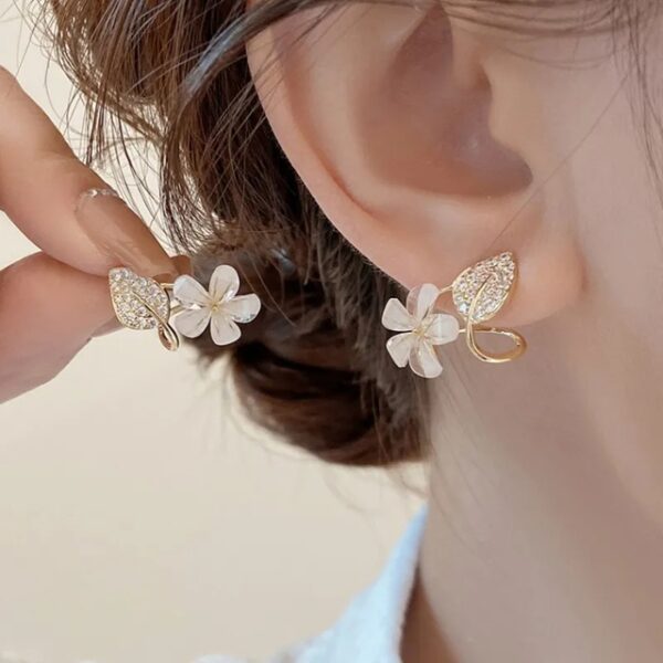 Gold-Plated Floral & Leaf Drop Earrings with Rhinestones - Image 2