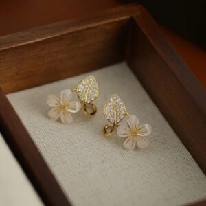 Gold-Plated Floral & Leaf Drop Earrings with Rhinestones